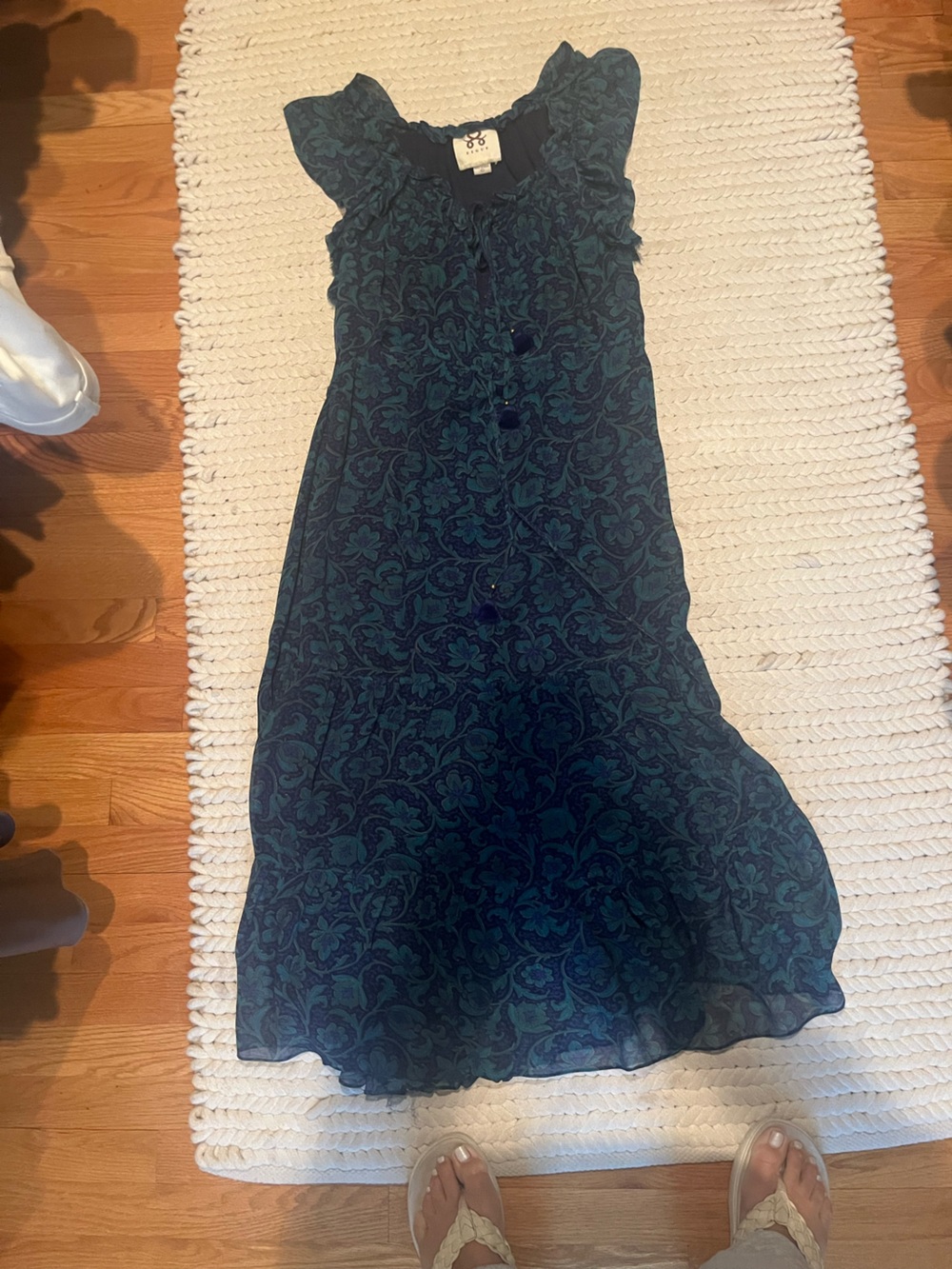 Figue Green-Blue Patterned Ruffled Sleeve Dress
